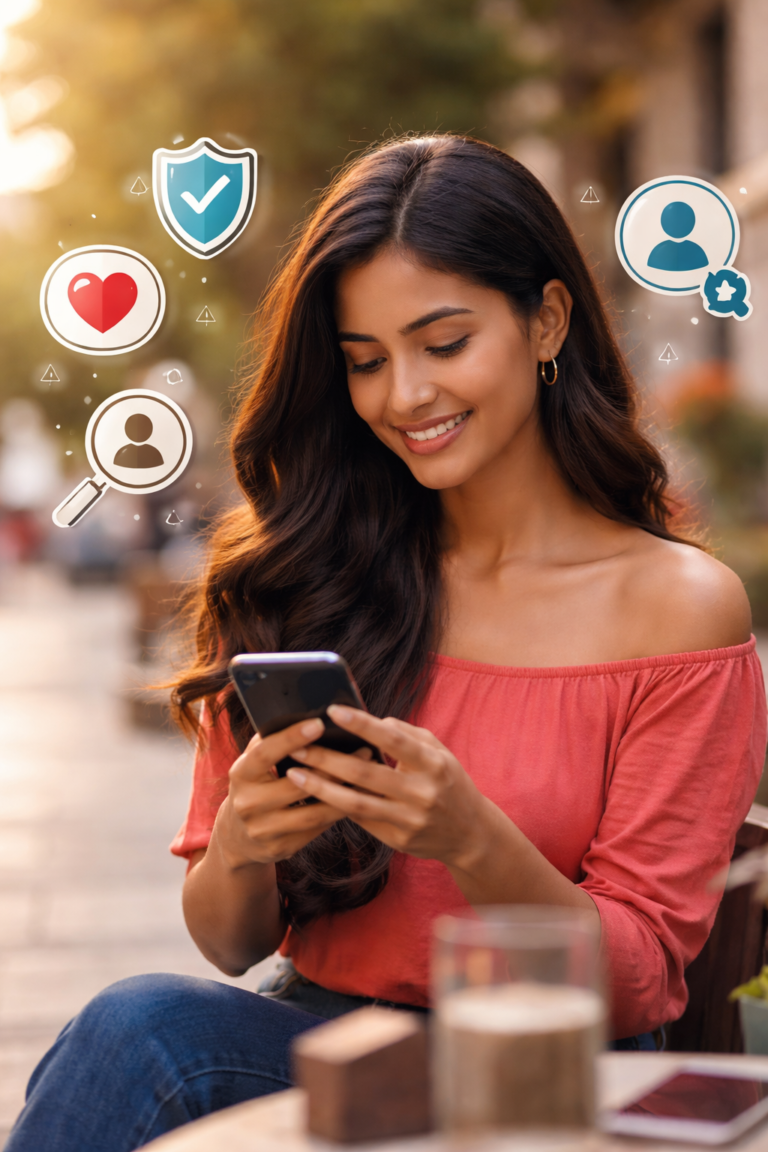 woman using dating app safely and avoiding fake profiles